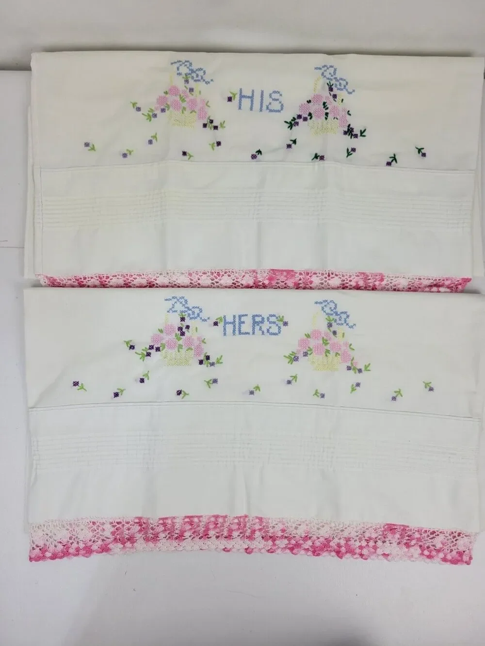 2 Vintage Pillowcases Pair Embroidered His & Hers w/flowers & Crocheted Trim